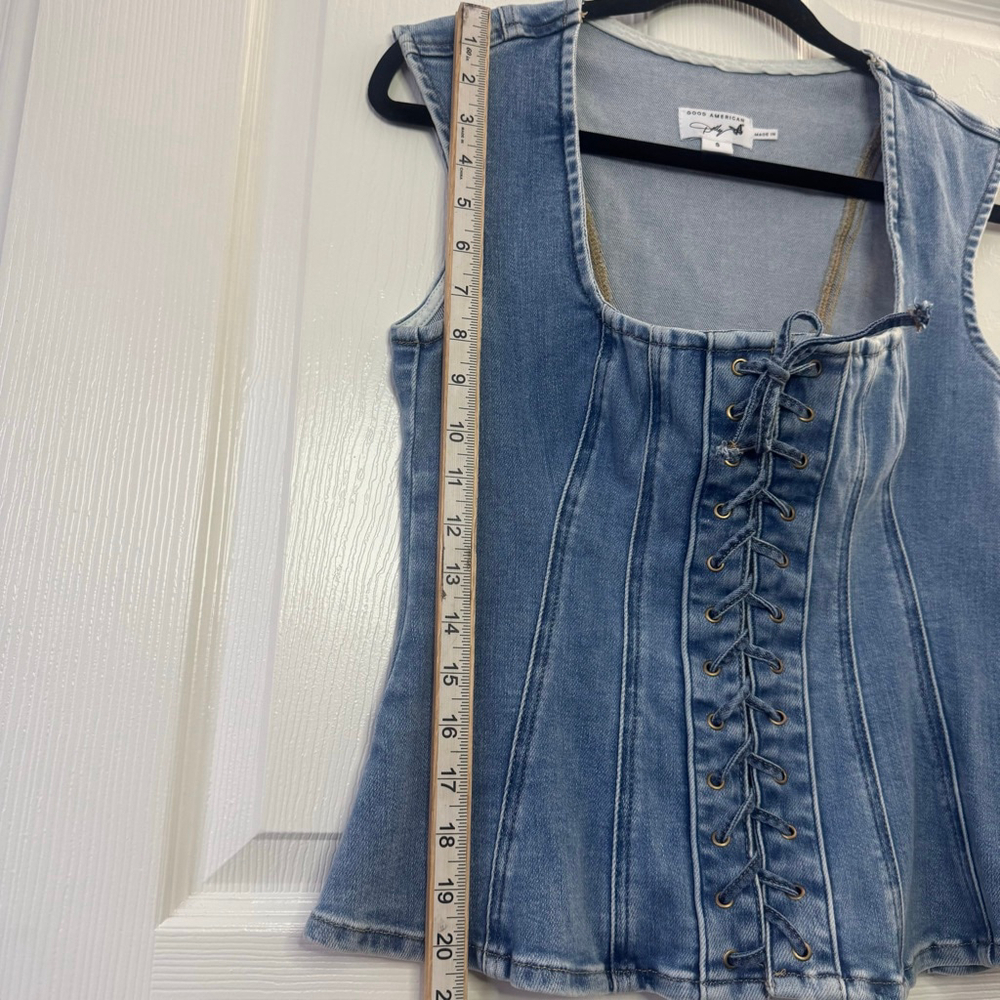 Good American Dolly Denim Corset Top Peplum Lace Up Tank indigo Wash NWT Small - Picture 8 of 8